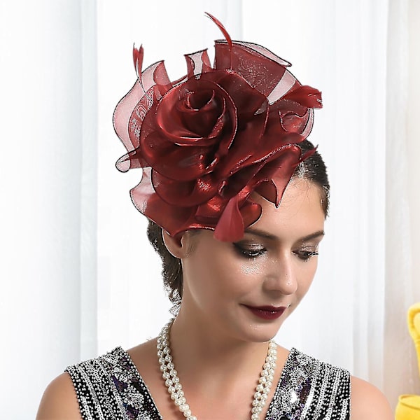 Mini Fascinator Hat med Kunstige Fjer, Netgarn Blomst Form, Ensfarvet Cocktail Hovedbeklædning Hårtilbehør