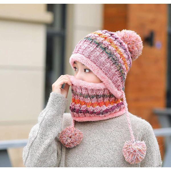 Naisten neulottu hattu huivi sopii lämpimiin ja paksuihin neulerulliin villavuorella pink