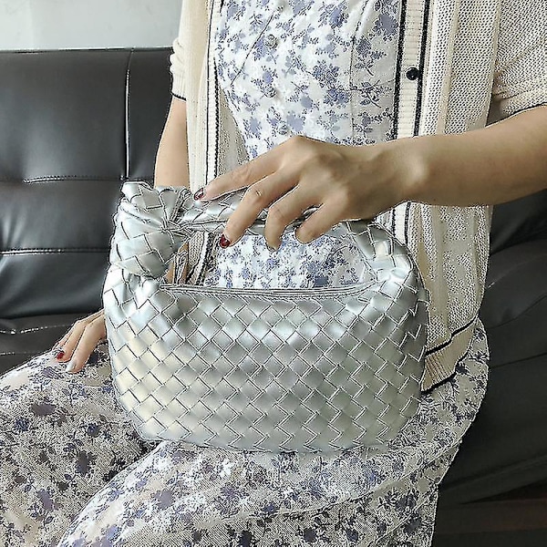 Vävd Väska Damhandväska Retro Knuten Vävd Axelväska Damhandväska Mjuk PU-Läder Axelväska Handväskan Mode Handgjord Väska