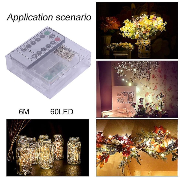 6m 60 LED Lyslenke Festdekorasjon 3AA Batteri Fjernkontroll