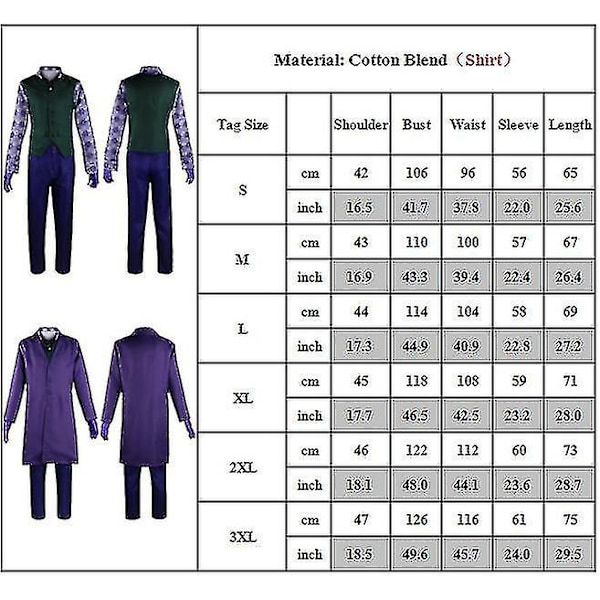 The Joker Kostym Outfit Skjorta Kostym Väst Överrock Slips Handskar Byxor Set För Vuxen U 3XL