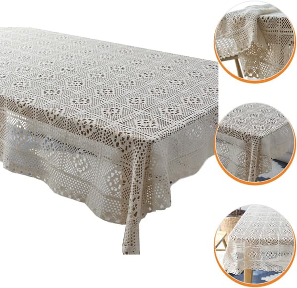 Dekorativ heklet duk i beige polyester, 60x60cm multifunksjonell bordduk