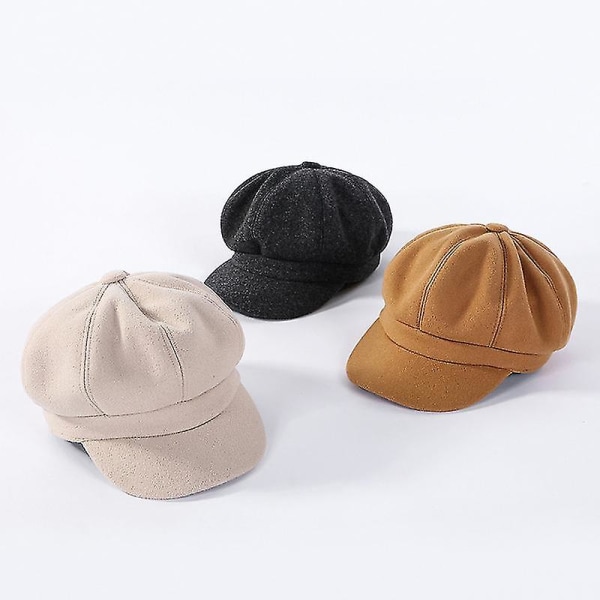 Ensfarget Ull Newsboy Caps Oktagonal 8-Panel Hatt Kvinner Høst Vinter