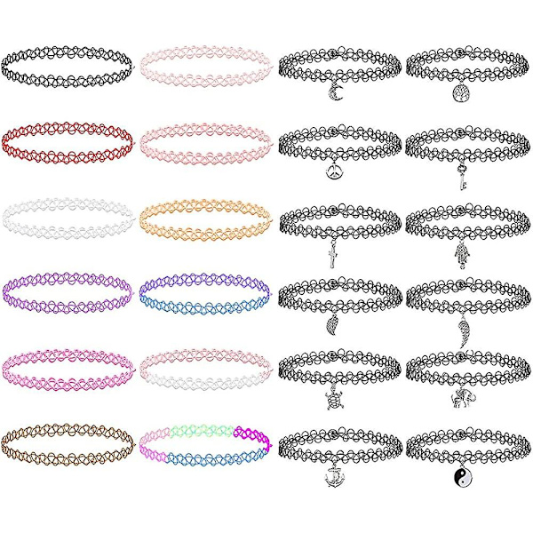 24 stk Choker-halskjede Sett, Elastisk Jente-choker Sett, Fargerik Gave