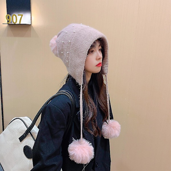 Varm Pompom-hatt med pärlor Stickad Hatt Vinter Öron Skyddande Hatt Virkad Mössa Gray