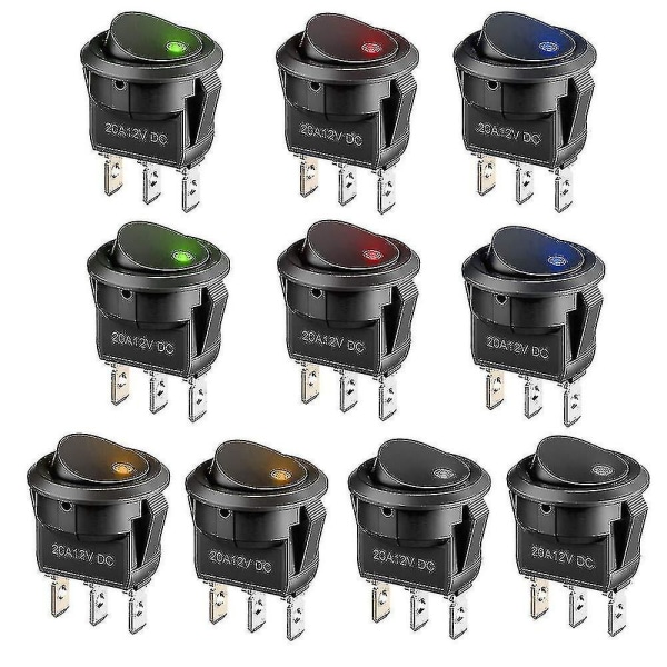 10 st Ljusströmbrytare 12V LED Växelströmbrytare 12V 3-läges Låsande SPST-brytare Rund Knapp för Bil Båt Hushållsapparater, Med 5 Färger - yuhao