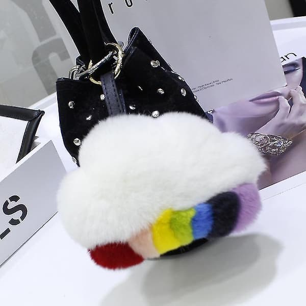 Fluffy Pompoms Nøkkelring Regnbue Sky Vedheng Plussj Nøkkelring