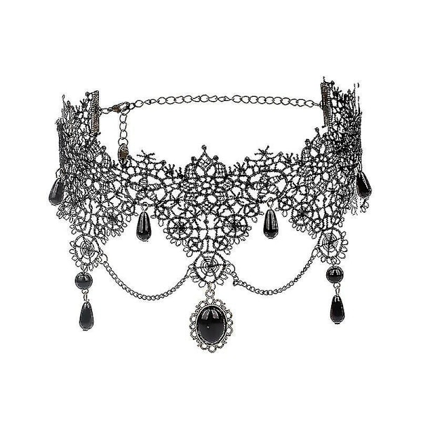 Kristallgotisk Halsband Boho Smycken Krage Choker Svart Spets Sexig Lyx 1st-svart