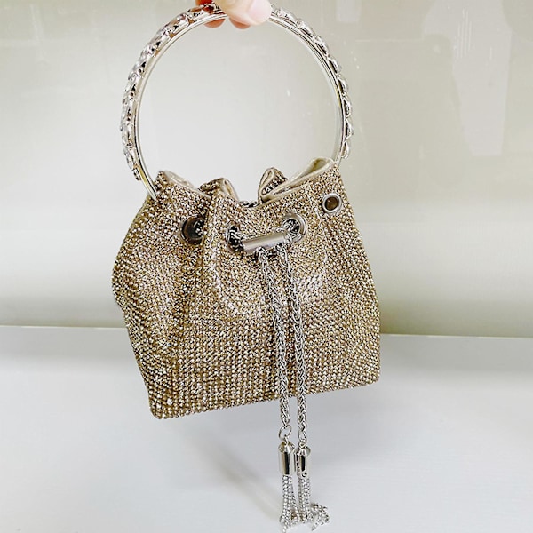 Rhinestone Bucket Clutch Kveldsveske Bryllup Fest Kjede Skulderveske Pink