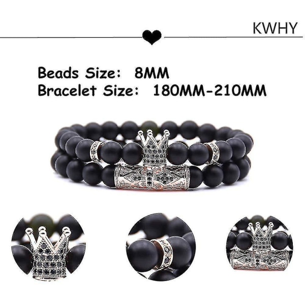 Svarta matta pärlor Armband 8mm Onyx sten armband Set Charm King Crown
