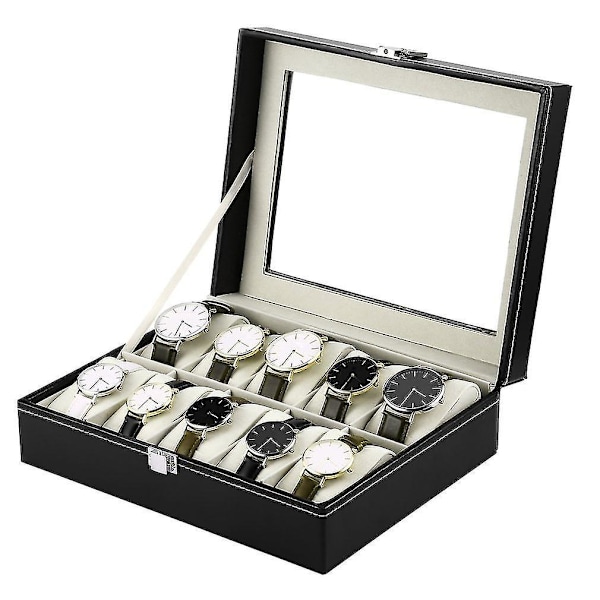 Svart PU-läder 10-fack Armbandsur Display Box Förvaring