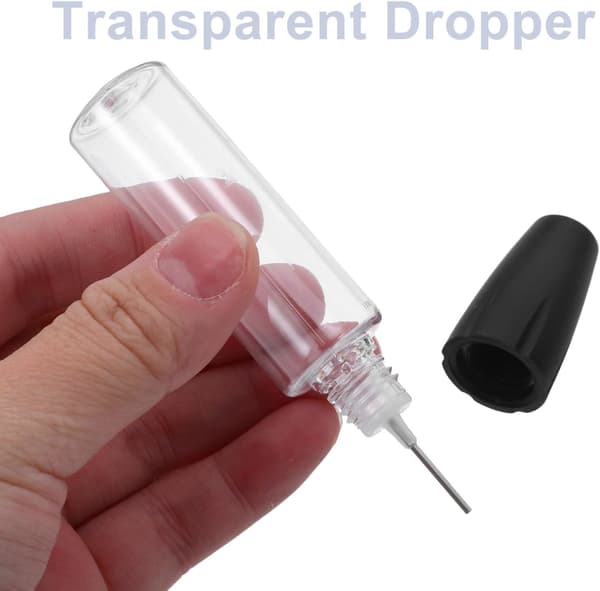 10 st 15 ml plastdroppflaskor med svarta lock, precisionsspetsapplikator för mekanisk olja