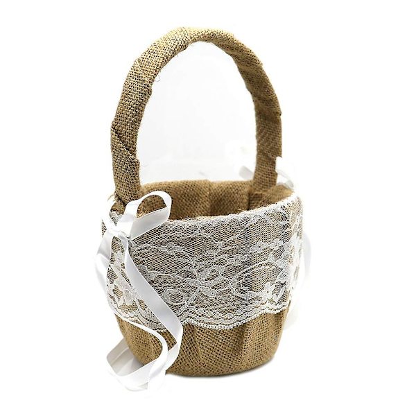 Blomsterkurv i jute, Vintage Blondering Bøjle Bryllup Blomsterpige Kurv Bryllupsfest