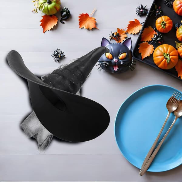Svart plissert nettingheksehatt for Halloweenfest Kvinner Gotisk Trollmannshodeplagg