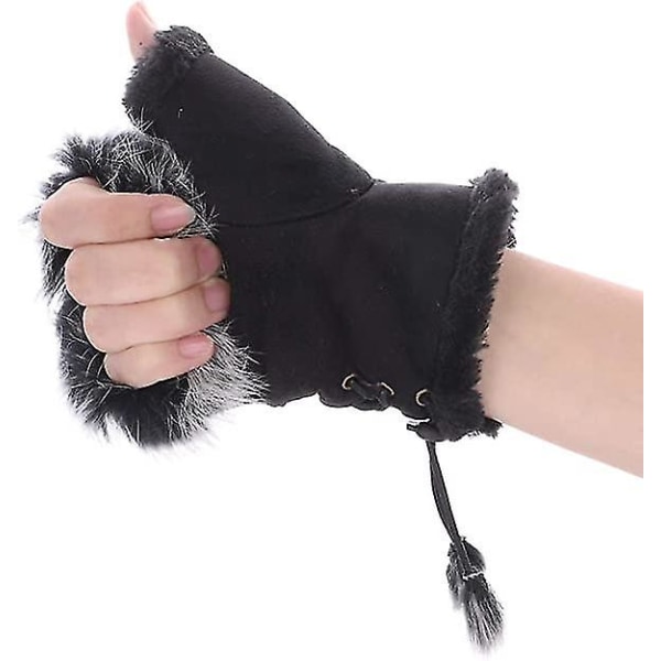 Damer Vinter Kunstig Pels Læder Halvfinger Handsker Mode Varme Fingerløse Vanter Fleeceforet Varmer Håndleds Handsker Touchscreen Tykkere Vanter Med Reklame
