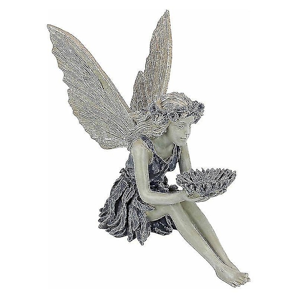 Havefigur af Resin til Haven - Siddende Fe Statue - Udendørs Dekoration til Græsset