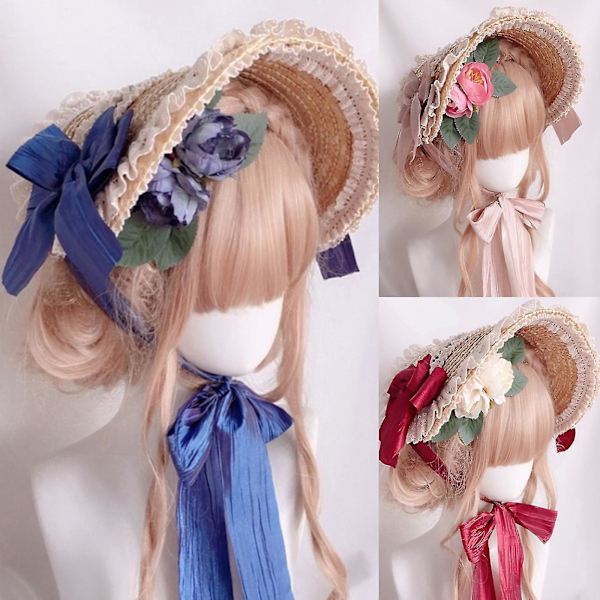 Monivärinen ranskalainen Bonnet-hattu Auringonsuojahuttu Olkihattu Lolita-hattu Naisille ja Tytöille Blue