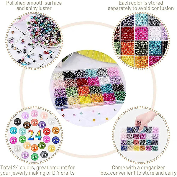 1680 stk Runde Perler med 6mm Huller 24 Fargede Perler med Oppbevaringsboks