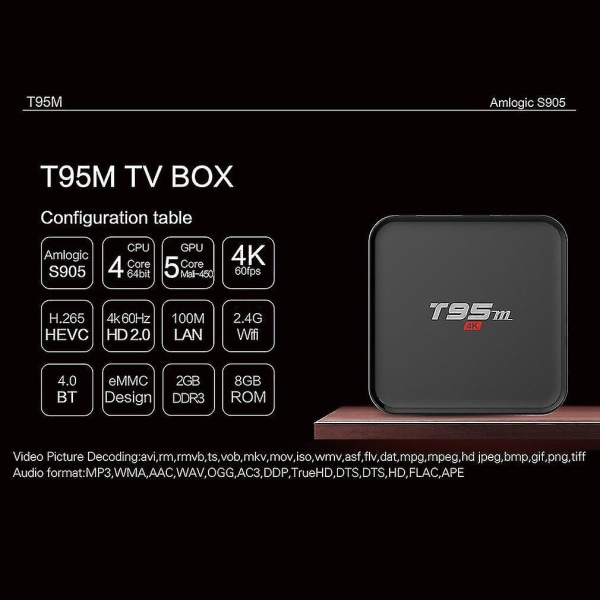 T95m TV-boks EU Android 5.1 S905 1080p Full HD 4k 2.4g Wifi