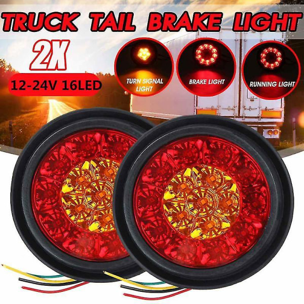 2 stk 16 LED Dobbelt-fargede Baklykter Runde Baklykter For Lastebiler Bremsestop