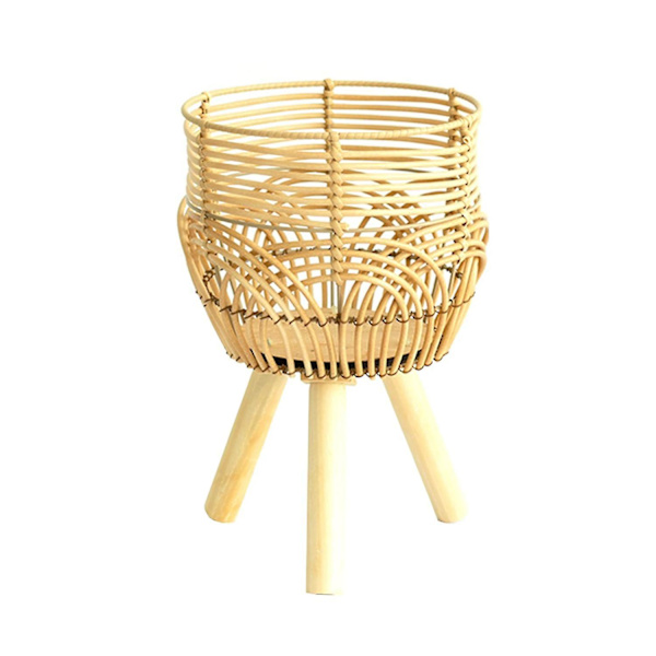Bambuinen geweven plantenpot met houten poten, decoratie