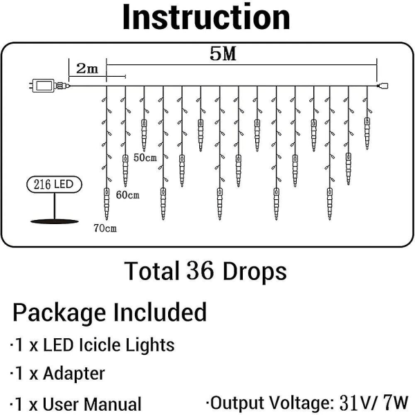 Juleistaklys 5m 216leds 36 hengende istaplys