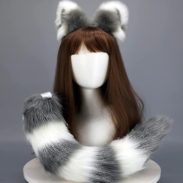 Kissan, Suden ja Pesukarhun Korvat ja Hännän Setti, Eläimen Karvainen Häntä, Korvien Pannat, Halloweenin, Jouluun ja Cosplayhin (Valkoinen+Harmaa)