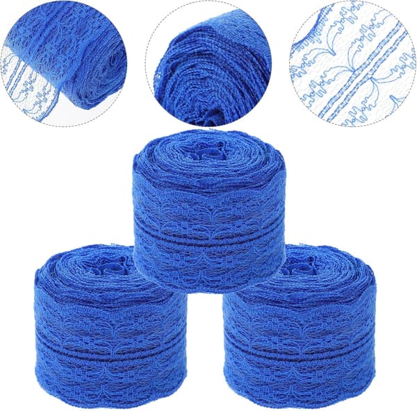 3 ruller 4,5 cm blå blondebånd, 10 meter hver, ikke-elastisk blondestoff for sying av klær