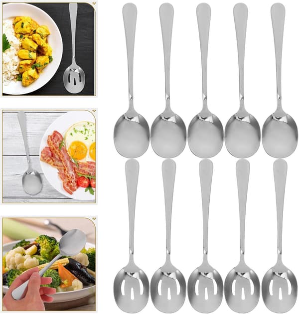 10 stk. serveringsskjesett i rustfritt stål inkluderer 5 solide og 5 hullsleiver, elegant polert
