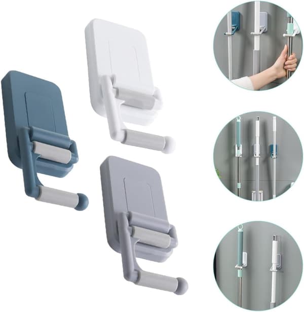 3 stk veggmontert moppholder kostekrok med selvklebende montering