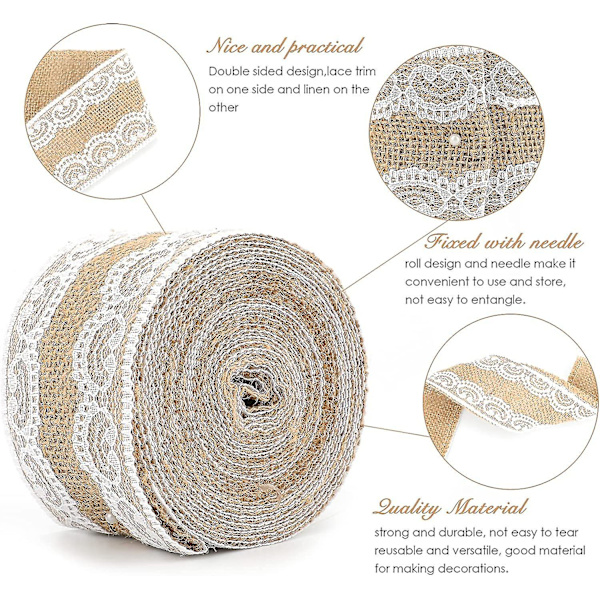 Hessian Burlap Bånd med Blonder, 1m Jute Trim Håndværk Bånd, 5cm Rustik Hessian Tema Tape