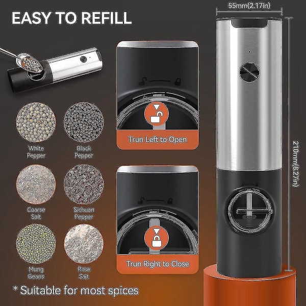 Laderbar Elektrisk Salt- og Pepperkvernsett med Dobbel Ladestasjon, USB-kabel, Automatisk S-yuhao