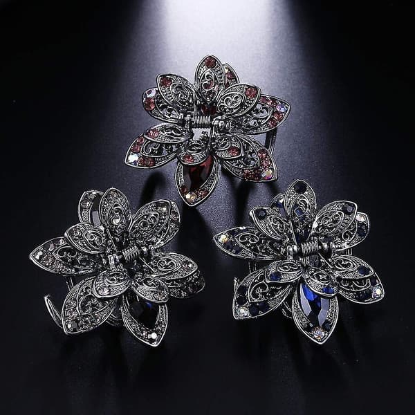 3-pack Mini Käkclips, Metallkristall Hårklämmor, Halksäkra Blommiga Hårsnoddar
