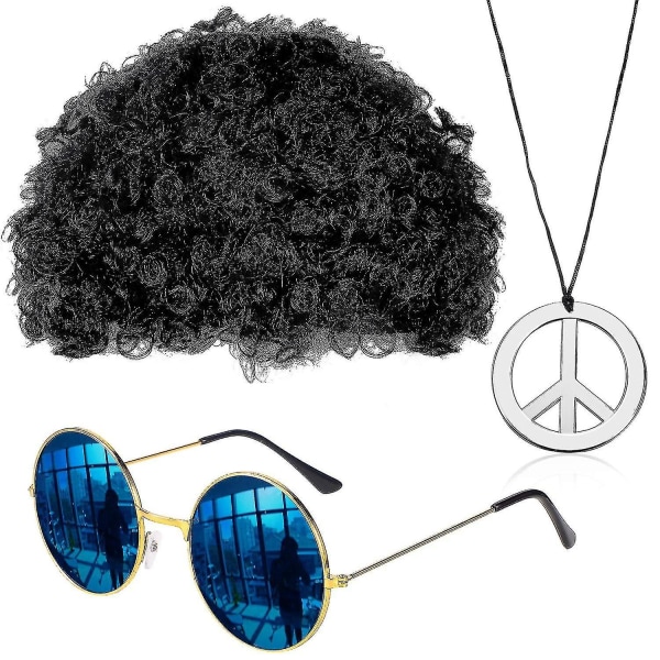 Disco og solbriller Hippie-kostymetilbehørsett for menn inkluderer Afro-kjede 50-/60-/70-talls temafest
