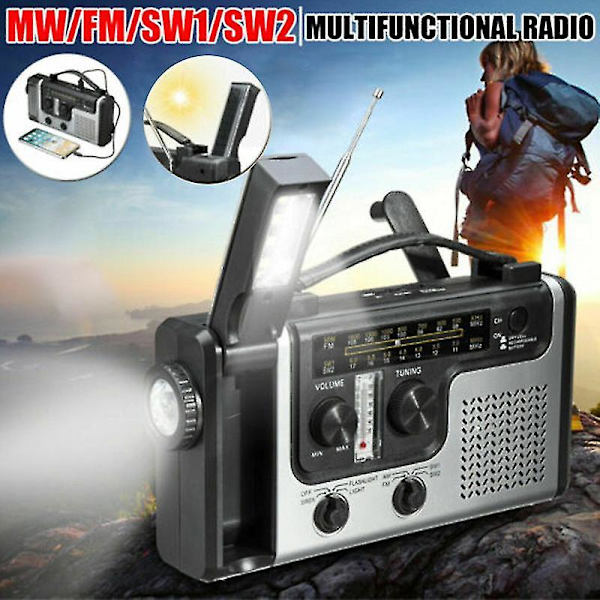 Multifunksjons Sol- og Håndsveiv AM-FM-SW Radio Lommelykt