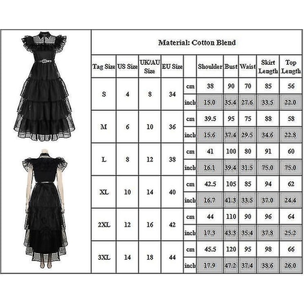 Wednesday Addams Kostume Sæt - Gotisk Mesh Kjole til Kvinder 2XL With Wig