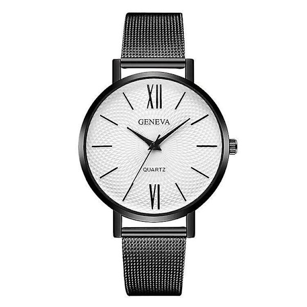 Personalisert Kreativ Trykk Kvinners Klokker Romersk Skala Mote Mesh Rem Kvarts Klokker Kvinner Black shell white