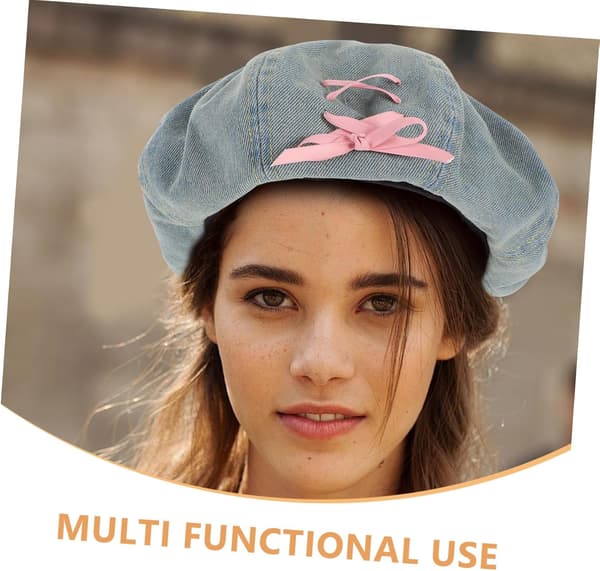 Pink Bow Denim Baret Hat til Behagelig Fransk Kunstnerkasket Robust Denim til Hverdagsbrug Udendørs Aktiviteter