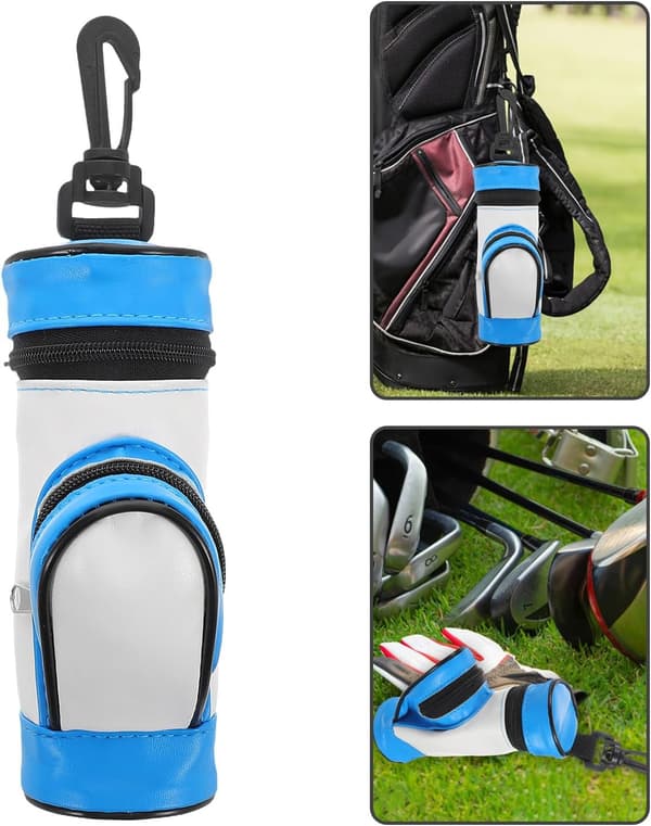 Golfbold Opbevaringstaske PU Lille Golfboldholderpose med Klips Blå Hvid