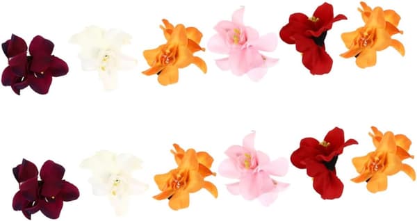 12 stk hawaiiske blomsterhårspenner for kvinner, simulerte orkidé doble blomsterhårtilbehør