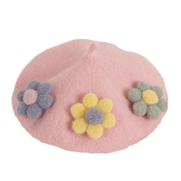 Sød Tre-Blomster Beret Solid Farve Elegant Ottekantet Hat Til Street Shooting Pink