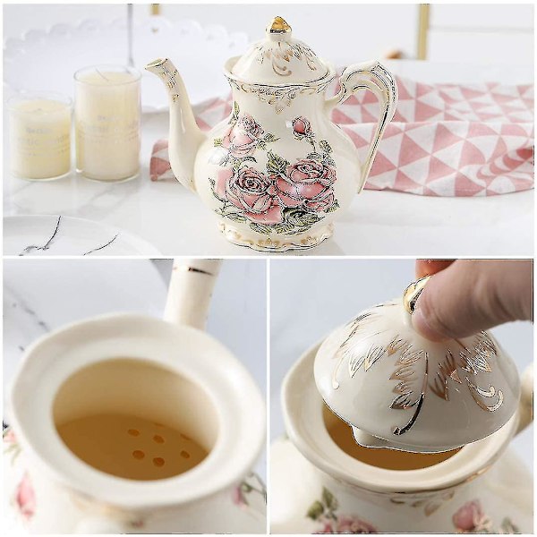 Keramisk Kaffe- og Tekande, Elfenbensfarvet Porcelæn Vintage Tekande Med Guldblade Kant (Rød Rose Mønster)