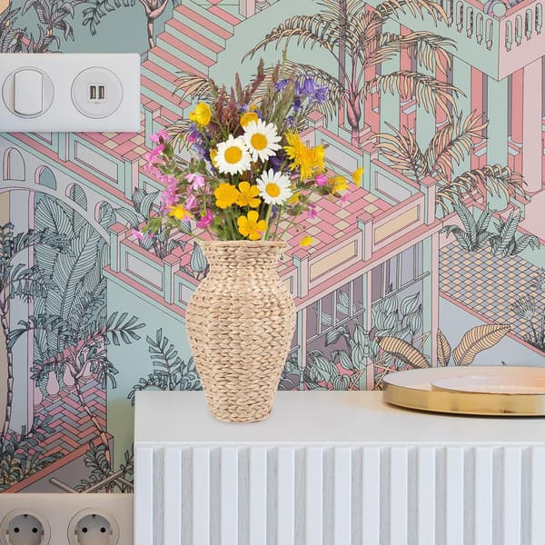 Rustikk blomstervase kunstig blomsterarrangementbeholder med sivstamme og jerntråd