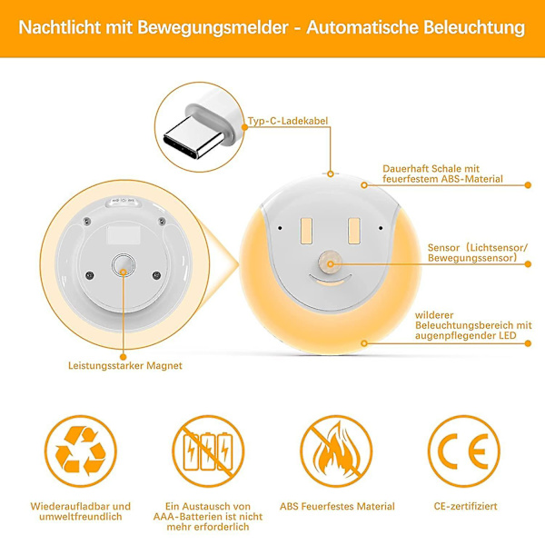 Nattlys med bevegelsessensor [2 stk] Oppladbart USB Smilende nattlampe Gave
