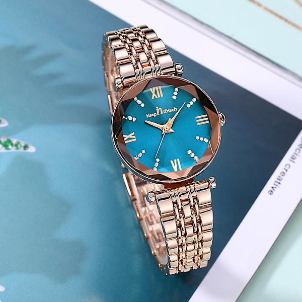 Naisten vedenkestävä kvartsikello Naisten muodikkaat korkealuokkaiset Japanin kellon liikkeet Naisten Rose gold shell blue surface