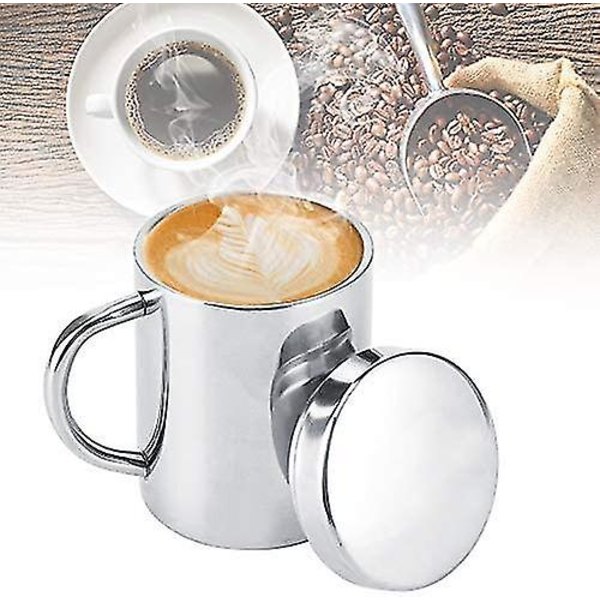 Kaffekrus i rustfritt stål, dobbelvegget krus med lokk og håndtak for fotturer og camping