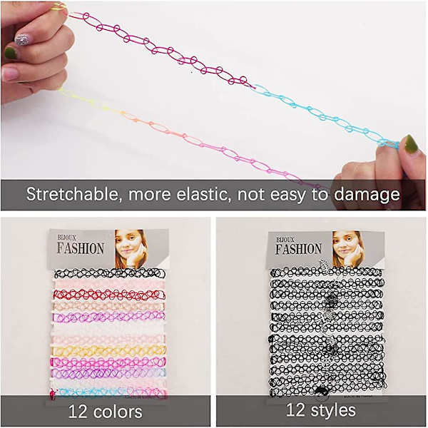 24 stk Choker-halskjede Sett, Elastisk Jente-choker Sett, Fargerik Gave