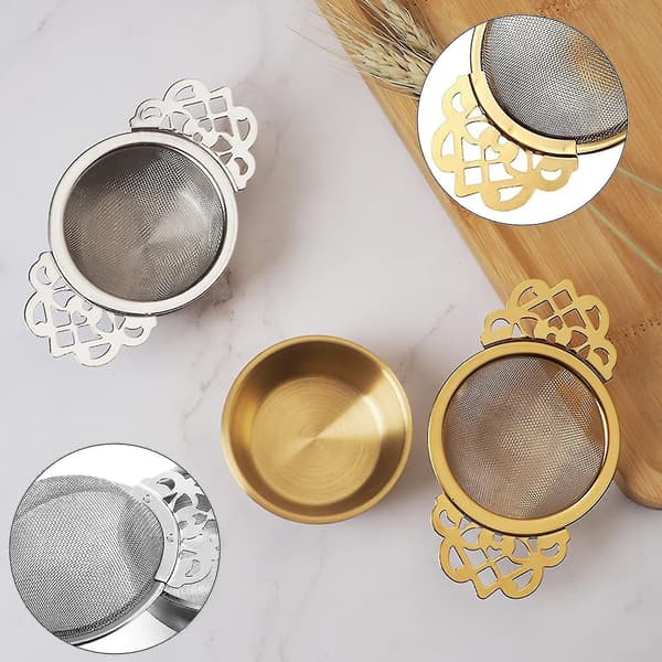 Teisil med dryppskål i rustfritt stål, rustfritt stål teinfuser dryppsil infuser (2 deler - sølv, gull)
