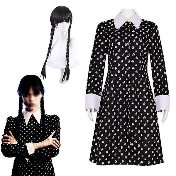 Flickans onsdag för barn och vuxna med perukärm onsdag Addams kostym upp outfit 150