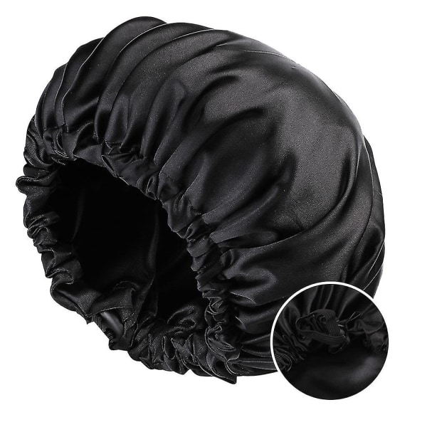 Satin Sleep Hat Til Kvinder Langt Hår Krøllet Hår Silke Hat Vandtæt Satin Hår Hat Sleeps Extra Black